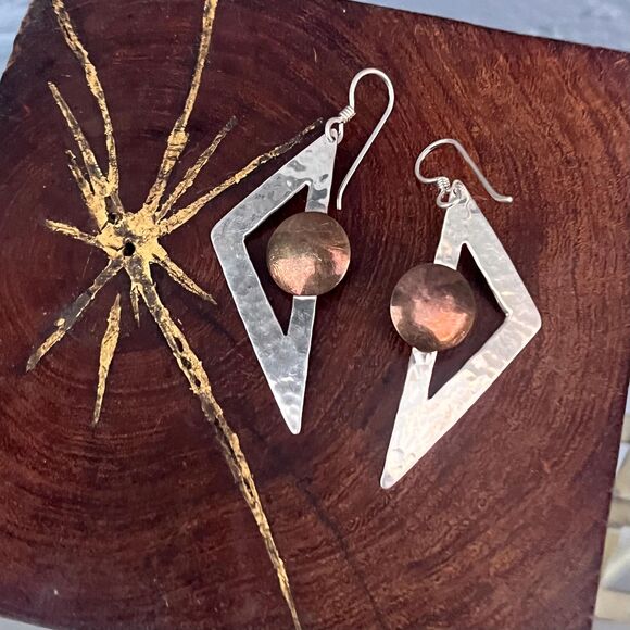 Mixed Metal Triangle Earrings Sterling Silver Copper Industrial jewelry - Picture 4 of 10